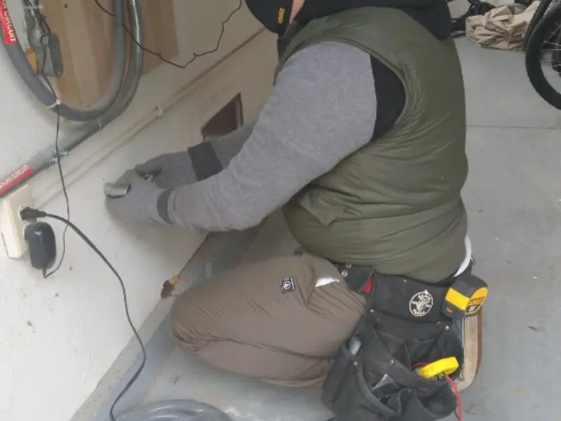 Electrician performing outlet wiring in a Welby garage